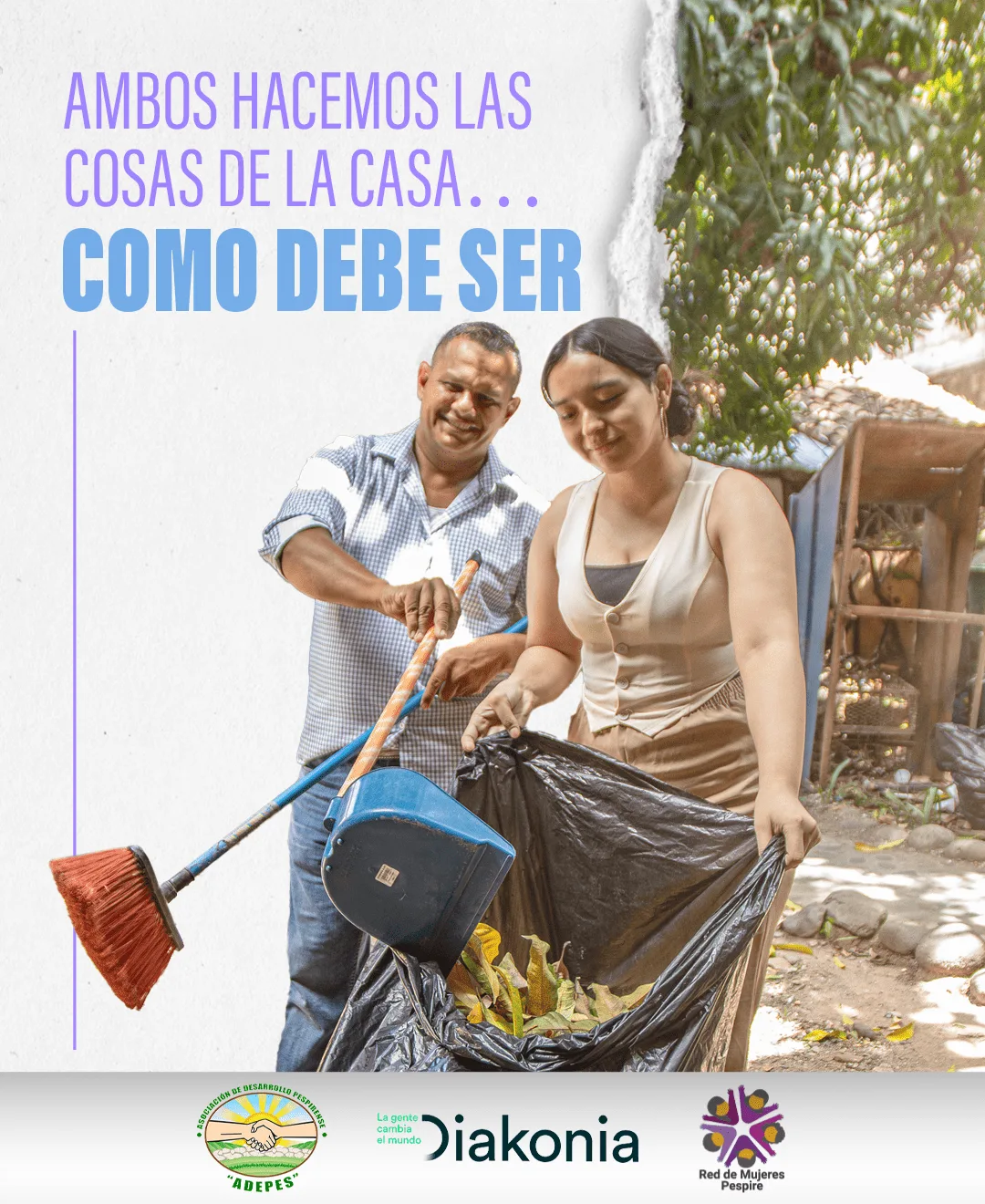 Hombres y mujeres comparten responsabilidades en casa, imagen de agencia de publicidad con enfoque de género.