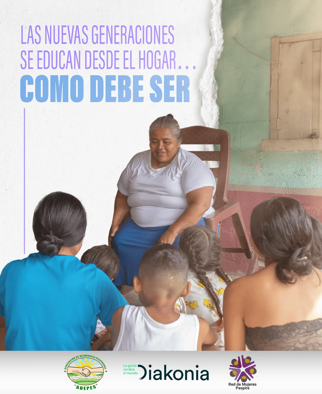 Mujer mayor educando a niños en el hogar, imagen de campaña comunitaria de agencia de publicidad.