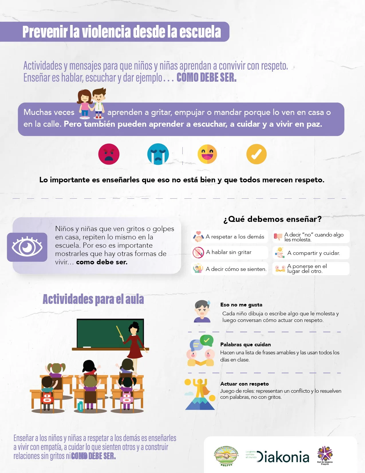 Infografía sobre prevención de violencia escolar, diseñada por agencia de publicidad especializada.